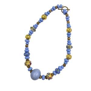 Handmade Lampwork Glass Periwinkle Purple & Gold Tone Artisan Bead Necklace